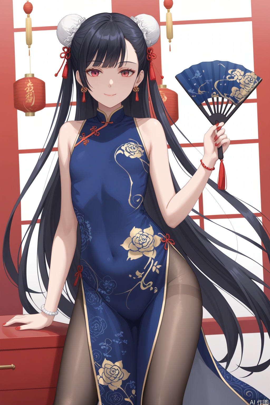 1 girl, (mature female), [ [cool face, 30 years old, red eyes, flat chest, charming smile, blue and white porcelain Chinese dress, blue and white Chinese dress, blue and white Chinese cheongsam, blue and white floral print, standing, black hair, with very long hair, long bangs, straight bangs, bun, jewelry, Blue and white Chinese dress, printed dress, sleeveless, shawl, hand fan, legs apart, protruding, looking at the audience, indoor, (teahouse), earrings, red nails, holding, bracelet, alone, hair accessories, pantyhose