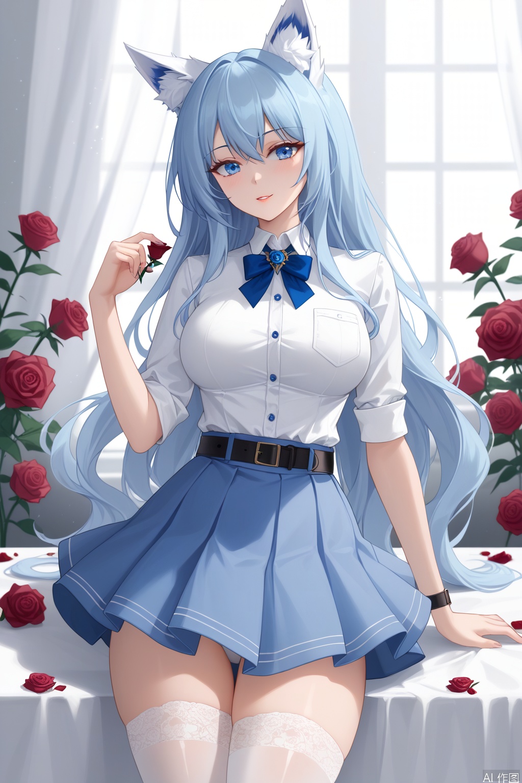 Girl, detachable slim waist belt, blue eyes, white fox ears, wearing a shirt, skirt and stockings, roses, cool background