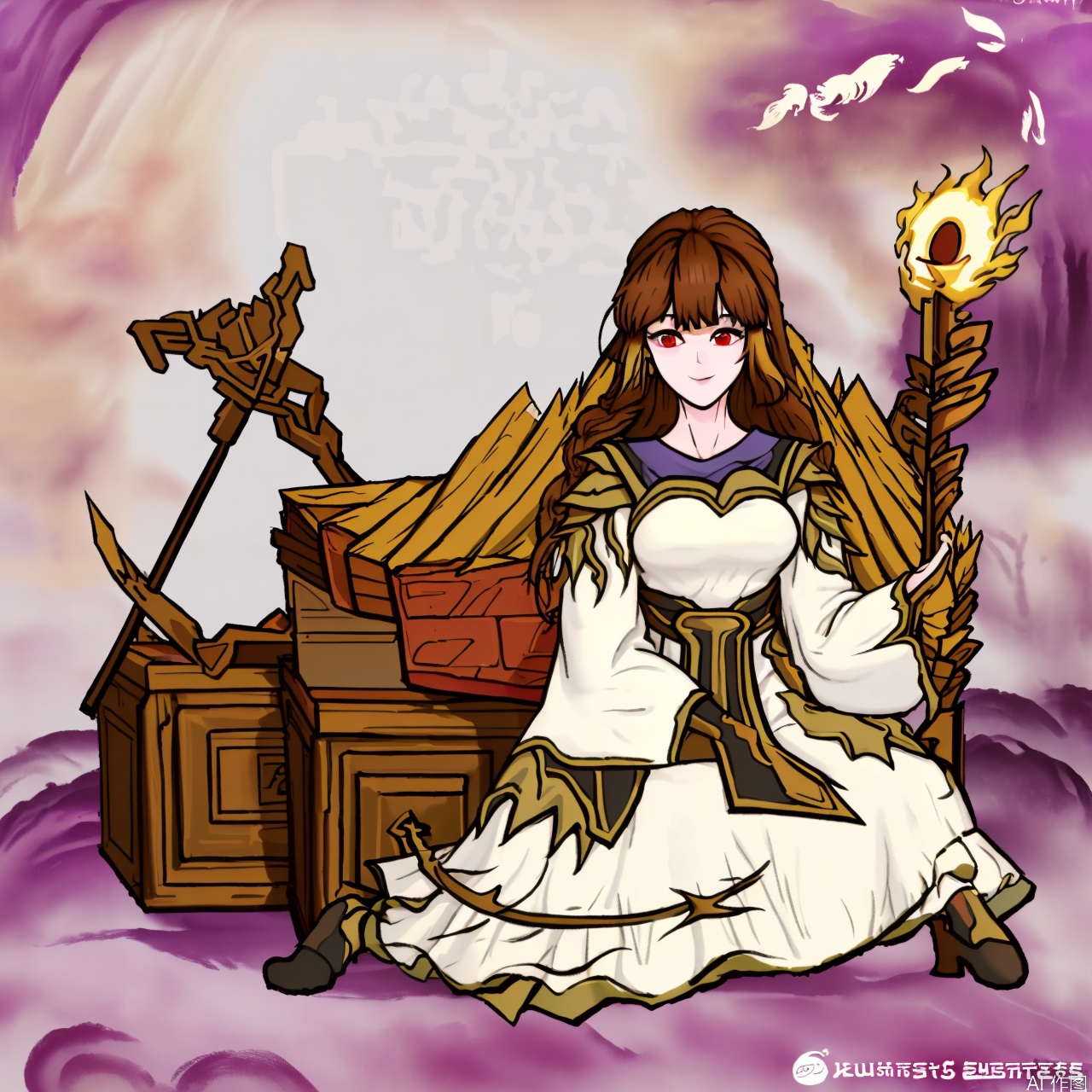 1girl, solo, long hair, breasts, looking at viewer, smile, bangs, brown hair, red eyes, long sleeves, dress, holding, sitting, full body, braid, wide sleeves, white dress, staff,雾山五行,FogHillofFiveElements,Ink wash style,character:Nolva