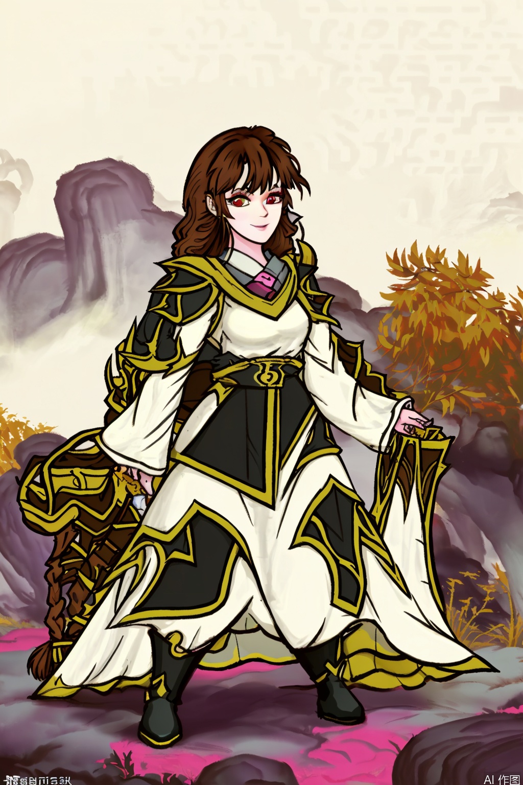 1girl, solo, long hair, looking at viewer, smile, bangs, brown hair, red eyes, long sleeves, dress, holding, very long hair, closed mouth, standing, full body, weapon, braid, flower, boots, outdoors, pants, sword, black footwear, holding weapon, single braid, grass, white pants,FogHillofFiveElements,Ink wash style,character:Nolva