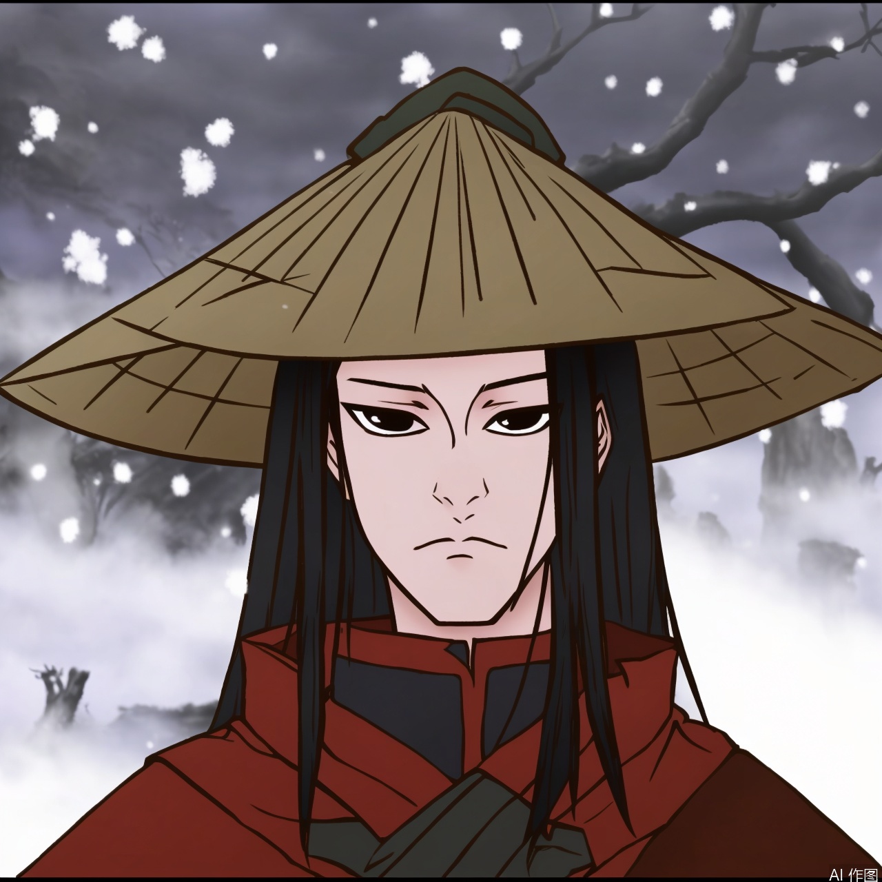 solo, long hair, looking at viewer, black hair, 1boy, hat, closed mouth, male focus, black eyes, tree, expressionless, letterboxed, portrait, snowing,雾山五行,FogHillofFiveElements