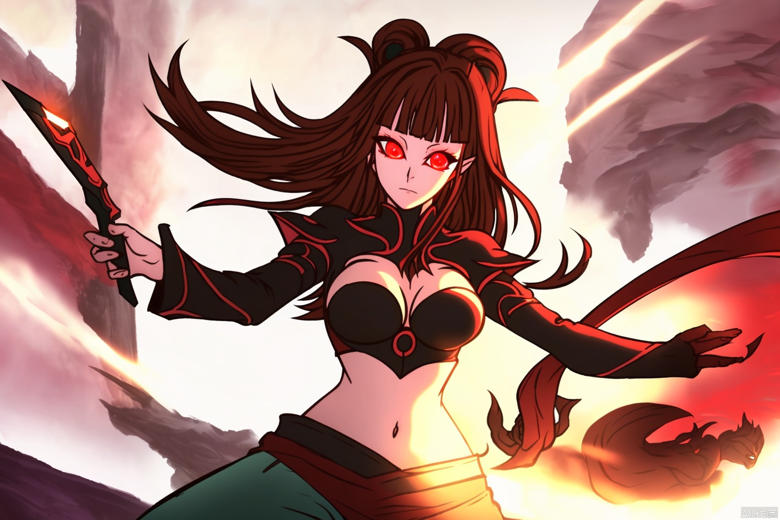 1girl, solo, long hair, breasts, looking at viewer, bangs, navel, holding, bare shoulders, medium breasts, standing, red eyes, weapon, brown hair, detached sleeves, pointy ears, pants, sword, holding weapon, glowing eyes, stairs,FogHillofFiveElements,Ink wash style,character:Nolva