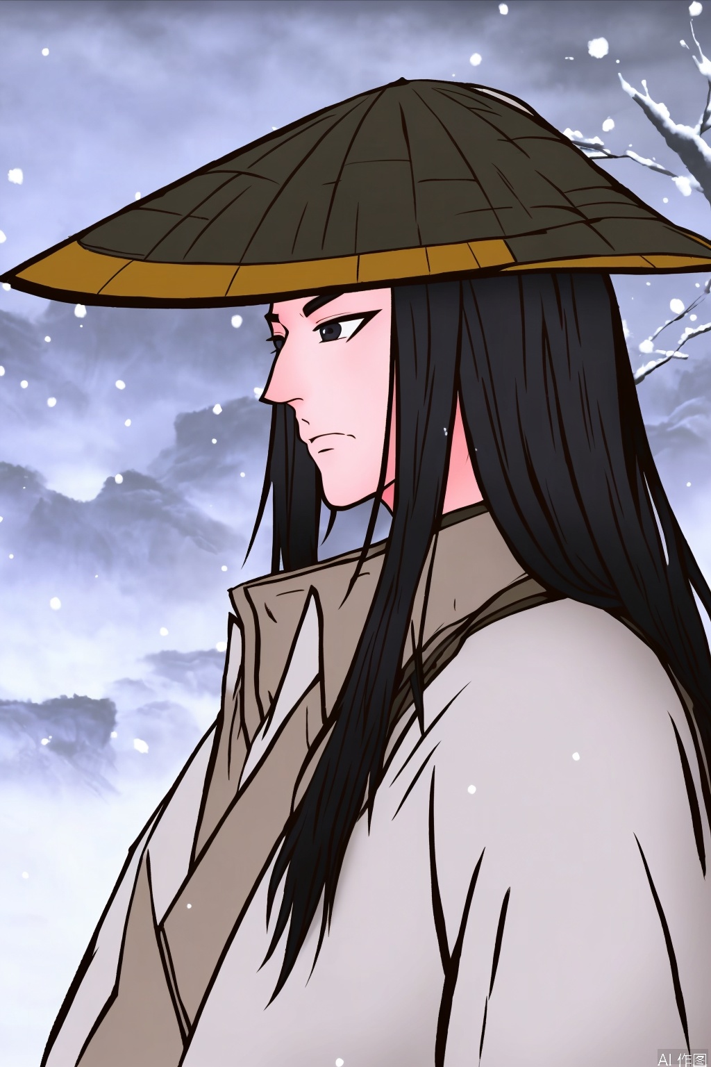 solo, long hair, looking at viewer, black hair, 1boy, hat, closed mouth, male focus, black eyes, tree, expressionless, letterboxed, portrait, snowing,雾山五行,FogHillofFiveElements,Ink wash style