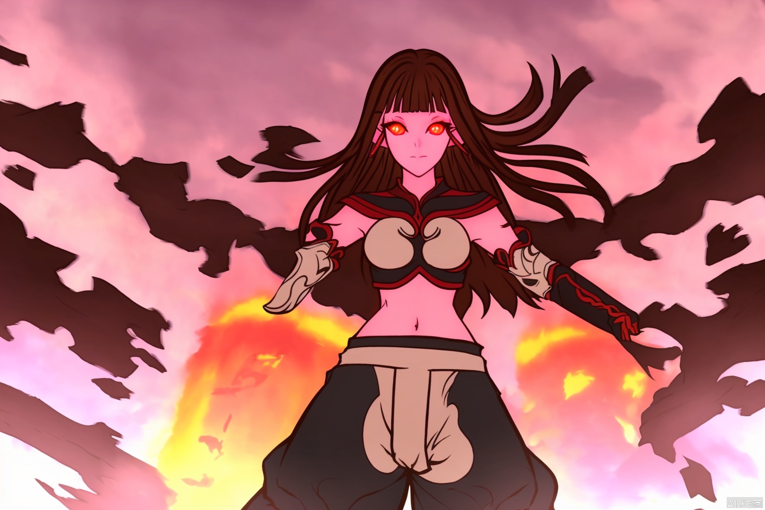 1girl, solo, long hair, breasts, looking at viewer, bangs, navel, holding, bare shoulders, medium breasts, standing, red eyes, weapon, brown hair, detached sleeves, pointy ears, pants, sword, holding weapon, glowing eyes, stairs,FogHillofFiveElements,Ink wash style,character:Nolva