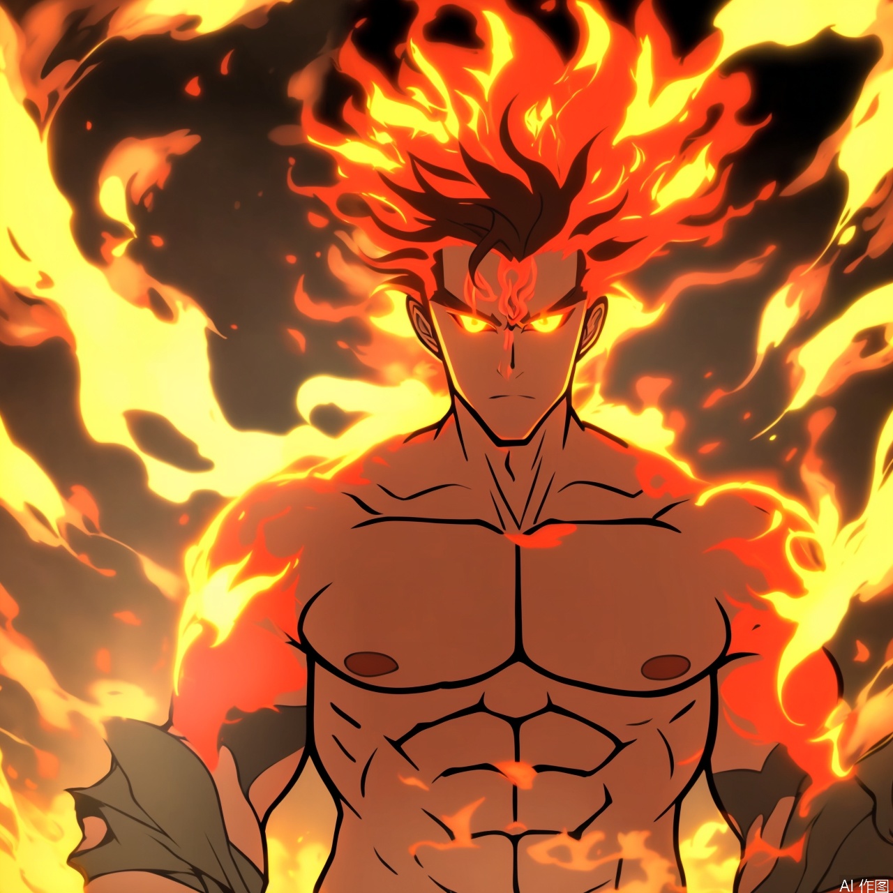 solo, looking at viewer, blonde hair, 1boy, upper body, male focus, muscular, glowing, fire, muscular male, spiked hair, glowing eyes, serious, aura, fiery hair, glowing hair,雾山五行,FogHillofFiveElements,Ink wash style