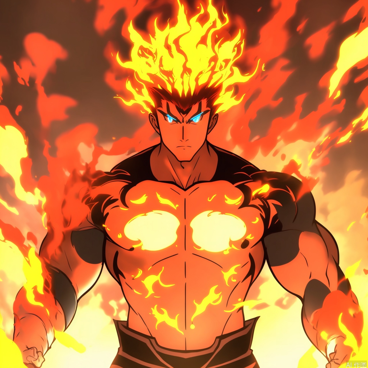 solo, looking at viewer, blonde hair, 1boy, upper body, male focus, muscular, glowing, fire, muscular male, spiked hair, glowing eyes, serious, aura, fiery hair, glowing hair,雾山五行,FogHillofFiveElements,Ink wash style