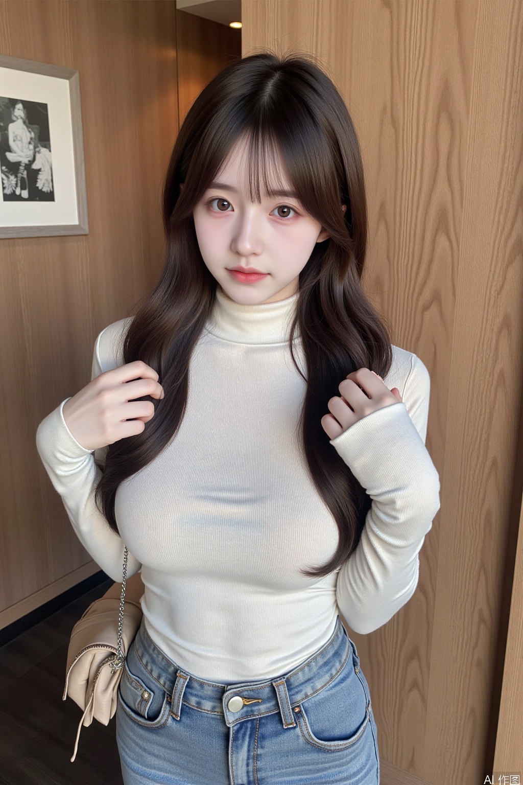 1girl, solo, long hair, looking at viewer, brown hair, shirt, brown eyes, standing, cowboy shot, pants, lips, realistic