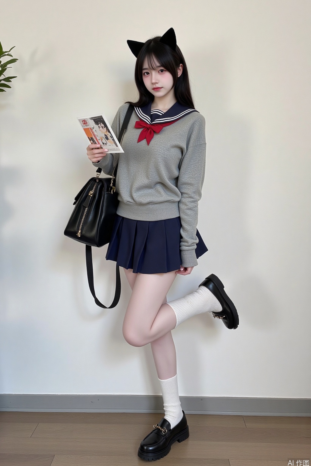 1girl, solo, long hair, looking at viewer, bangs, skirt, black hair, long sleeves, holding, animal ears, school uniform, standing, full body, pleated skirt, shoes, serafuku, socks, cat ears, sailor collar, bag, black footwear, book, cosplay, white socks, loafers, holding book, school bag