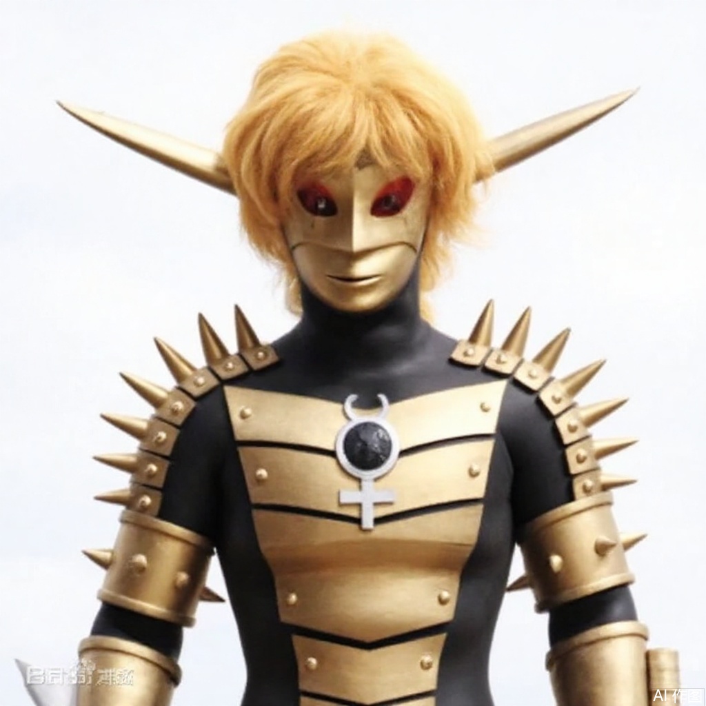 masterpiece, best quality,solo,(white background:1.2),simple background,
looking at viewer,mask,blonde hair,pointy ears,armor,shoulder armor,gold armor,breastplate,armor,armor,spikes,gloves,mask,helmet,boots,gem,alien,tokusatsu,no humans,science fiction,glowing eyes,bodysuit