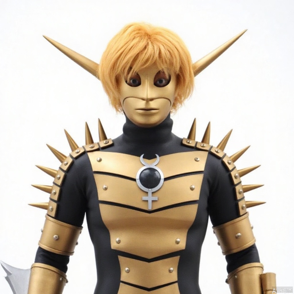 masterpiece, best quality,solo,(white background:1.2),simple background,
looking at viewer,mask,blonde hair,pointy ears,armor,shoulder armor,gold armor,breastplate,armor,armor,spikes,gloves,mask,helmet,boots,gem,alien,tokusatsu,no humans,science fiction,glowing eyes,bodysuit