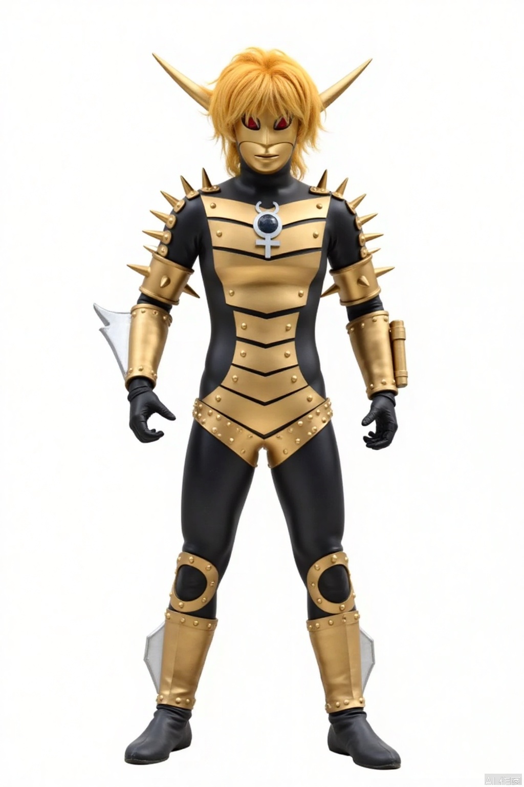 masterpiece, best quality,solo,(white background:1.2),simple background,
looking at viewer,mask,blonde hair,pointy ears,armor,shoulder armor,gold armor,breastplate,armor,armor,spikes,gloves,mask,helmet,boots,gem,alien,tokusatsu,no humans,science fiction,glowing eyes,bodysuit