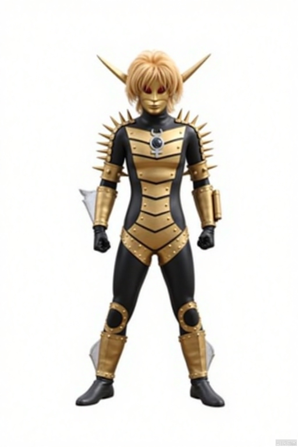 masterpiece, best quality,solo,(white background:1.2),simple background,
looking at viewer,mask,blonde hair,pointy ears,armor,shoulder armor,gold armor,breastplate,armor,armor,spikes,gloves,mask,helmet,boots,gem,alien,tokusatsu,no humans,science fiction,glowing eyes,bodysuit