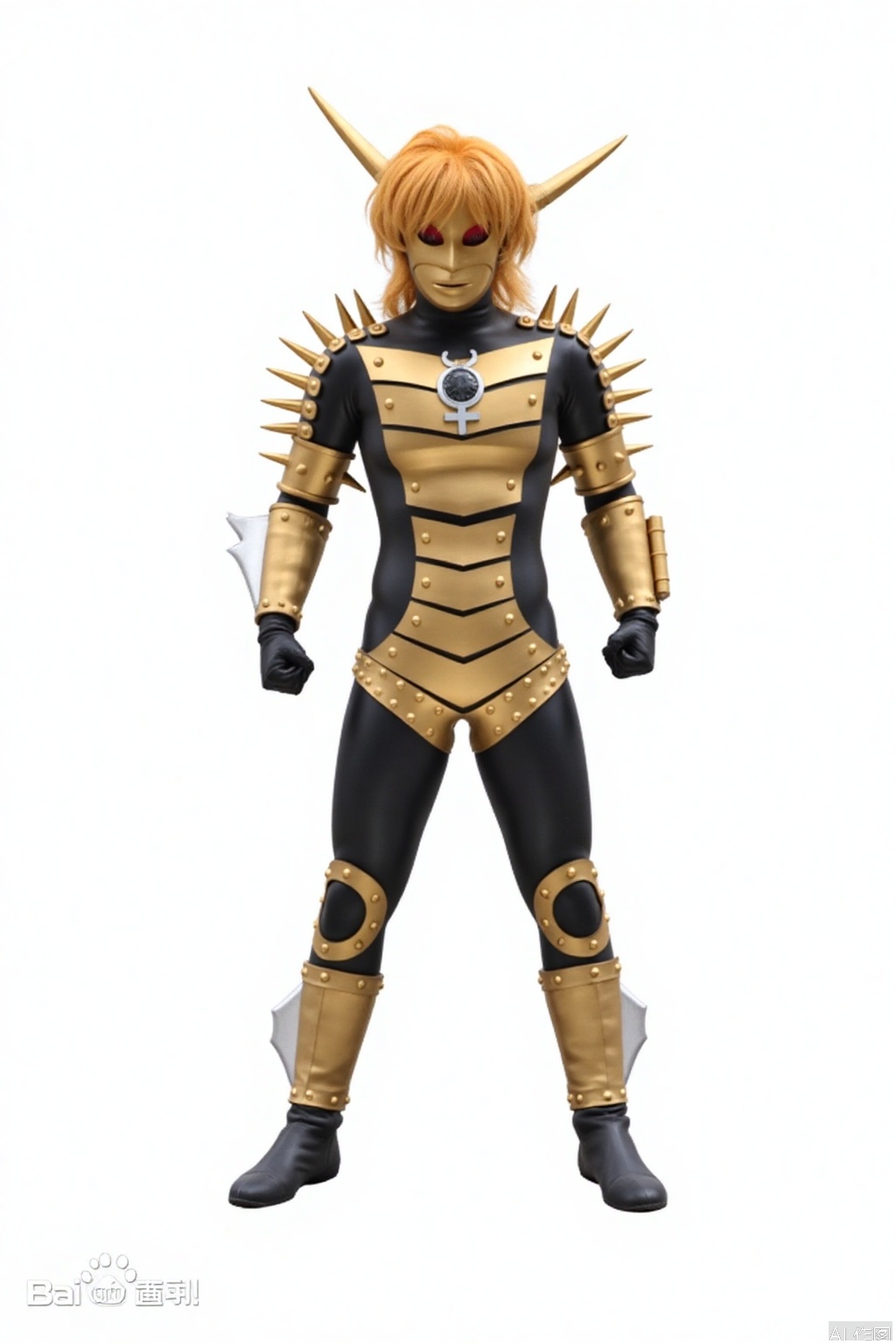 masterpiece, best quality,solo,(white background:1.2),simple background,
looking at viewer,mask,blonde hair,pointy ears,armor,shoulder armor,gold armor,breastplate,armor,armor,spikes,gloves,mask,helmet,boots,gem,alien,tokusatsu,no humans,science fiction,glowing eyes,bodysuit