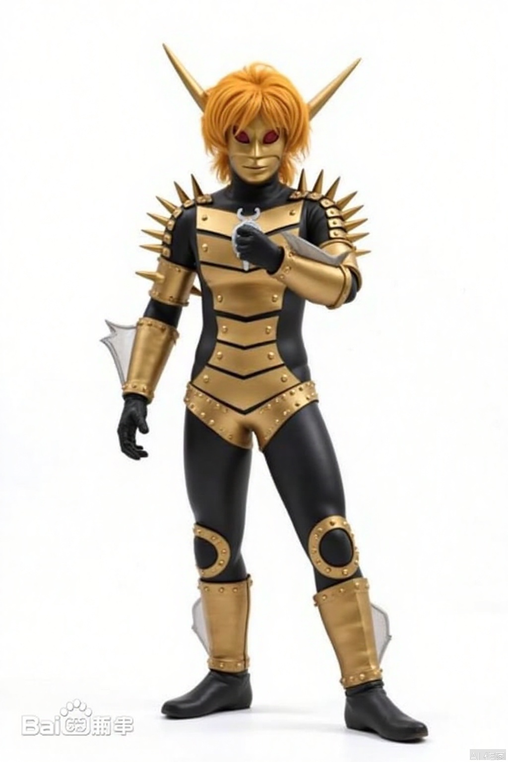 masterpiece, best quality,solo,(white background:1.2),simple background,
looking at viewer,mask,blonde hair,pointy ears,armor,shoulder armor,gold armor,breastplate,armor,armor,spikes,gloves,mask,helmet,boots,gem,alien,tokusatsu,no humans,science fiction,glowing eyes,bodysuit