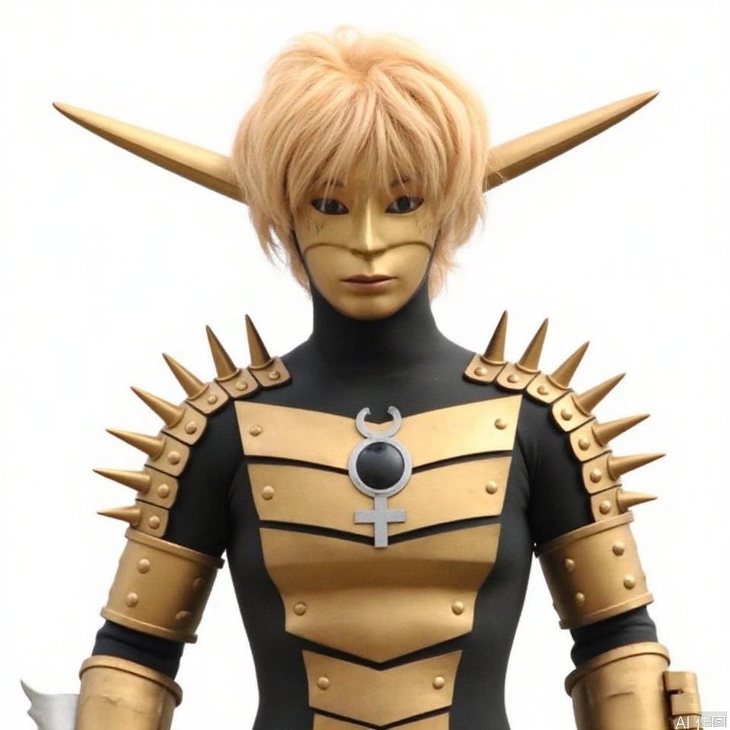 masterpiece, best quality,solo,(white background:1.2),simple background,
looking at viewer,mask,blonde hair,pointy ears,armor,shoulder armor,gold armor,breastplate,armor,armor,spikes,gloves,mask,helmet,boots,gem,alien,tokusatsu,no humans,science fiction,glowing eyes,bodysuit