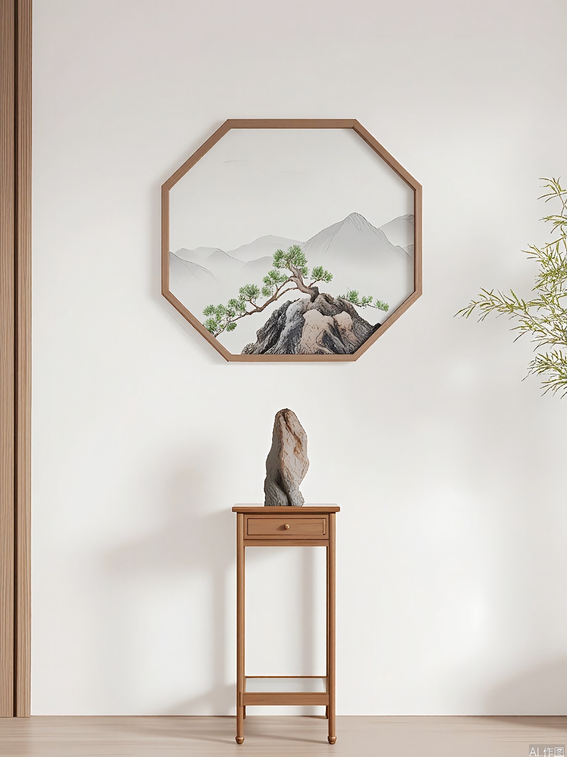 JJCJ, A minimalist interior design featuring a wooden side table with a small, round, stone-like object on top. The table is positioned in front of a large, octagonal window frame, showcasing a serene, monochromatic landscape painting with a pine tree and distant mountains. The walls are white, and the floor is wooden. The room is illuminated by soft, ambient lighting. The overall aesthetic is calm and sophisticated, with clean lines and a harmonious color palette.
