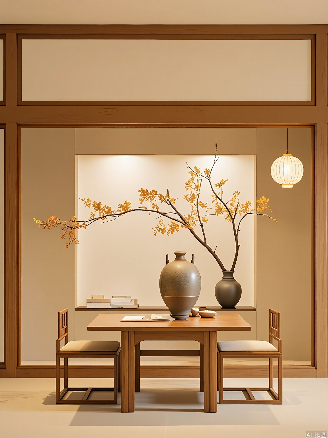 JJCJ, A serene Japanese-style room with traditional wooden furniture, including a low table and two chairs, set against a shoji screen backdrop. The room features a large, elegant vase with a branch of autumn leaves, and a small, round paper lantern hanging from the ceiling. Warm, ambient lighting casts a soft glow, enhancing the tranquil atmosphere. The color palette includes earthy tones of brown, beige, and soft yellow.