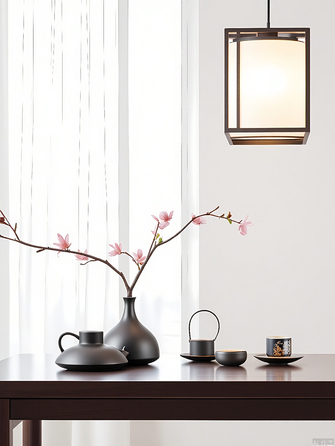 JJCJ, A photograph of a minimalist, modern interior featuring a dark wooden table with a glass top. On the table, there is a black ceramic vase with a single branch of pink cherry blossoms, a small black ceramic teapot, and a matching black ceramic cup and saucer with a traditional Asian design. The background includes a large window with sheer white curtains, allowing soft natural light to filter in. A square, modern pendant light with a white, translucent shade hangs above the table, casting a warm glow. The overall color palette is neutral and calming, with shades of black, white, and natural light.