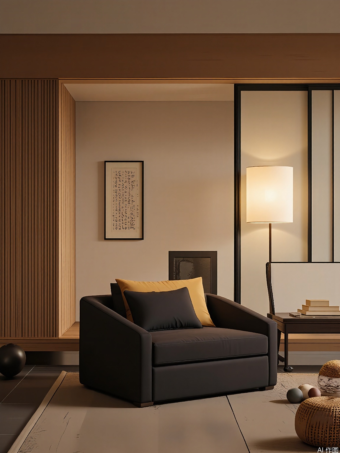 JJCJ, A minimalist Japanese-style room with a warm, serene atmosphere. The image features a wooden sliding door with a black frame on the right, a traditional Japanese paper screen, and a framed calligraphy scroll on the left. The room is dimly lit with a soft, warm glow from a cylindrical, beige lamp on the right. A black, cushioned chair is positioned in the foreground, and a wooden bench is against the wall. The floor is covered with dark, textured tiles, and a soft, woven rug is partially visible in the lower right corner. The overall color palette is neutral and earthy.