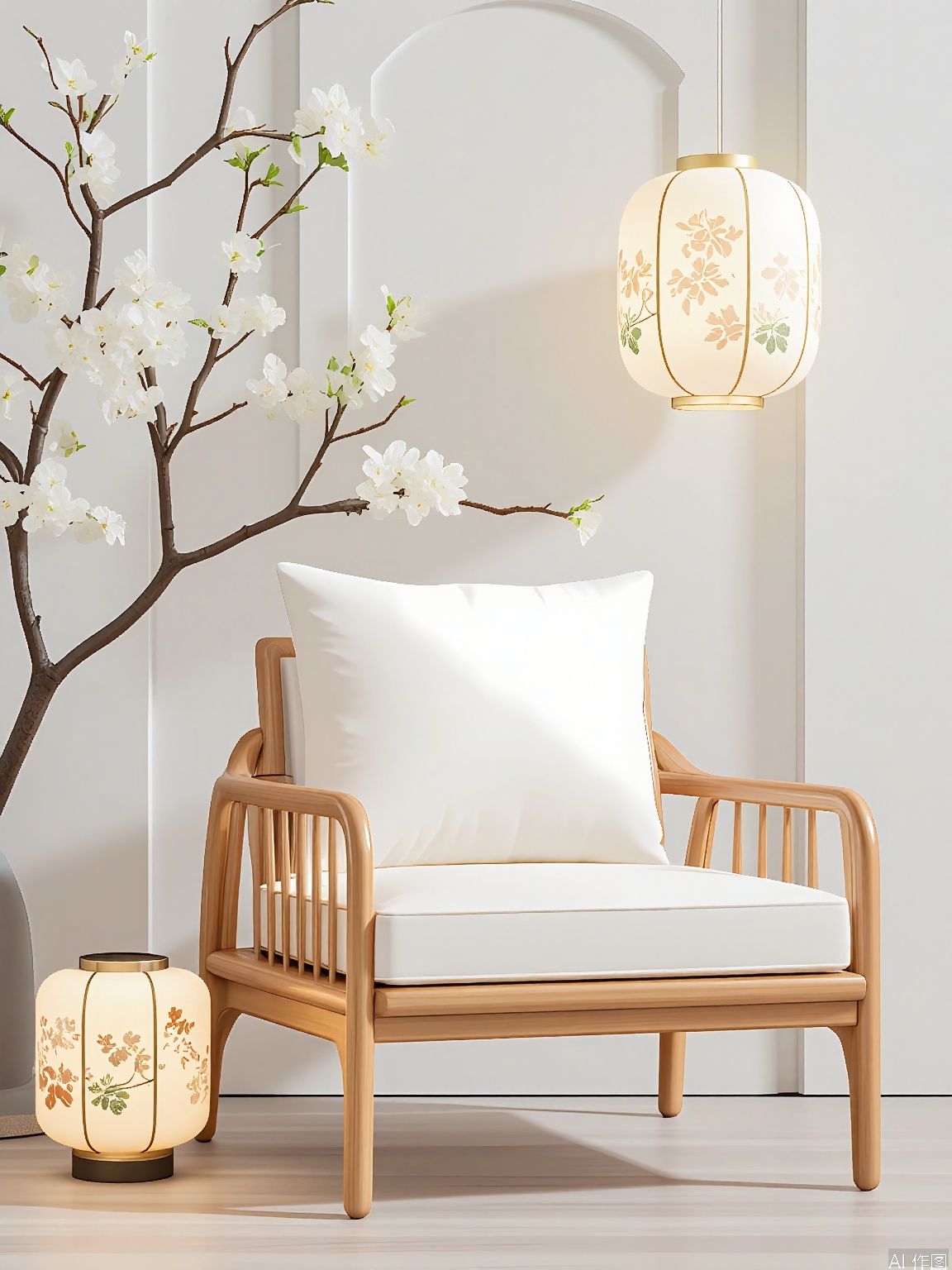 JJCJ, A beautifully designed living room with a minimalist aesthetic. The room features a large, elegant wooden chair with a cushioned seat and backrest, positioned in front of a sleek, geometric wall. Two traditional Japanese lanterns with floral patterns illuminate the space, casting a warm, inviting glow. A tall, slender tree with white blossoms stands to the left, adding a touch of nature. The floor is a light, polished wood, complementing the overall serene and sophisticated atmosphere. The style is modern with a nod to traditional Japanese design.