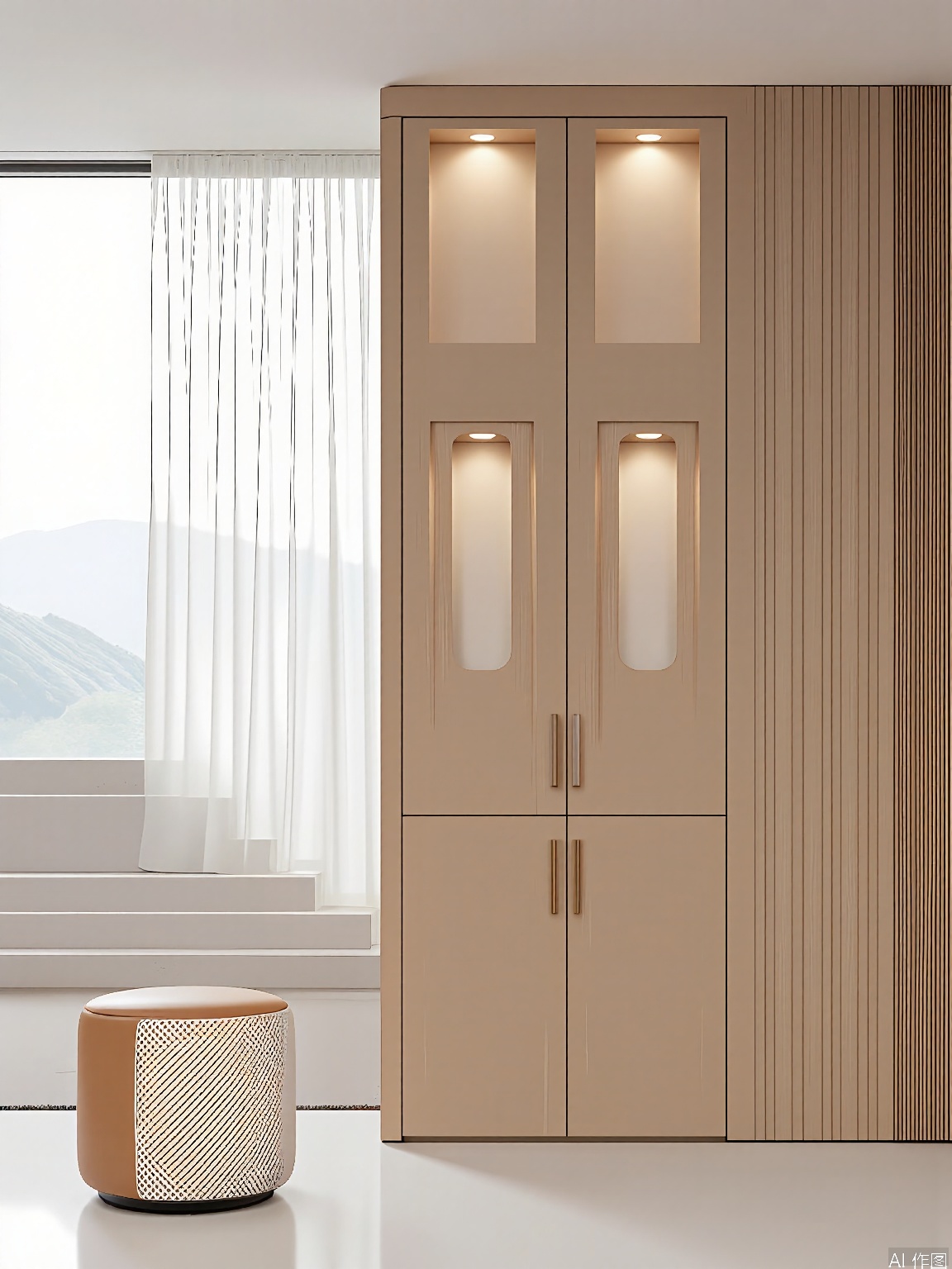 JJCJ, Photograph of a modern, minimalist living room with a focus on sleek, contemporary design. The room features a large, floor-to-ceiling wooden cabinet with vertical slats, illuminated by subtle, warm lighting from within. To the left, a large window with sheer white curtains lets in soft, natural light. In the foreground, a round, upholstered stool with a light brown seat and white, textured fabric sits on a light gray, tiled floor. The background showcases a staircase with light-colored steps and a neutral-toned carpet. The overall aesthetic is clean, elegant, and sophisticated.