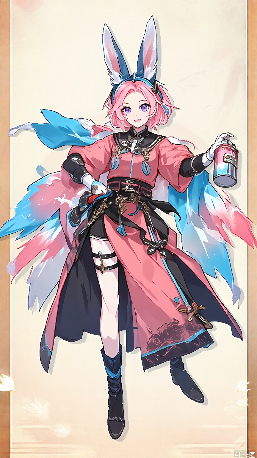 GFLH, a female character with short, bobbed pink hair, wearing a modern, street-style outfit inspired by traditional Chinese clothing, featuring bold patterns and vibrant colors. She has fox ears and a mischievous grin, holding a spray can of graffiti in one hand and posing confidently. The simple white background contrasts with her edgy, urban style.