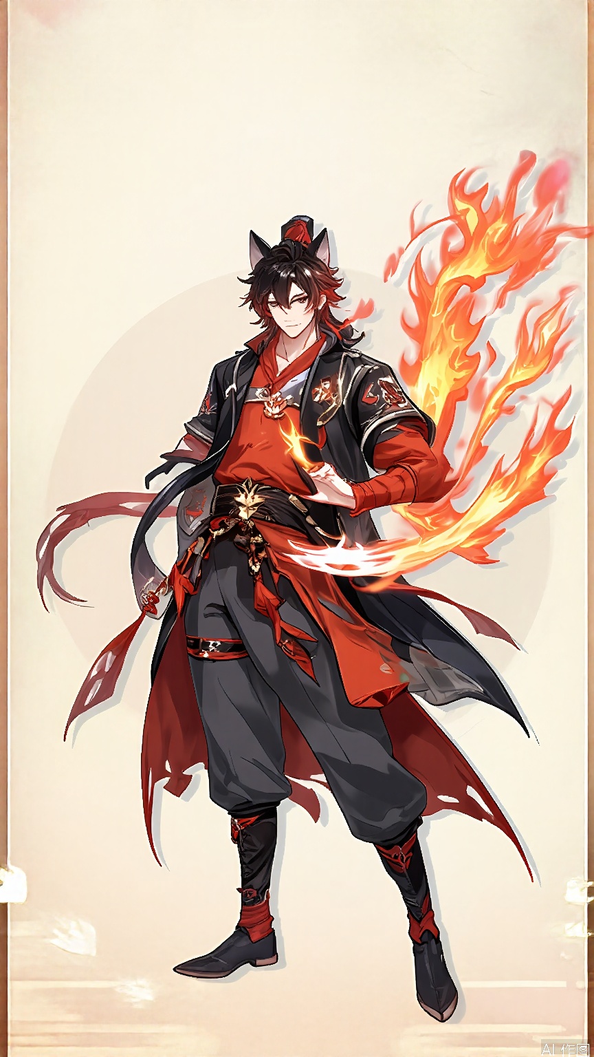 GFLH, a male character with spiky, fiery red hair, dressed in a modernized version of a tangzhuang suit, featuring bold black and red patterns inspired by ancient Chinese dragons. He boasts wolf ears and a sleek, red armband. Wielding a glowing sword with one hand and standing in a defiant stance, he exudes strength and courage. The white background emphasizes his fierce, warrior-like demeanor.
