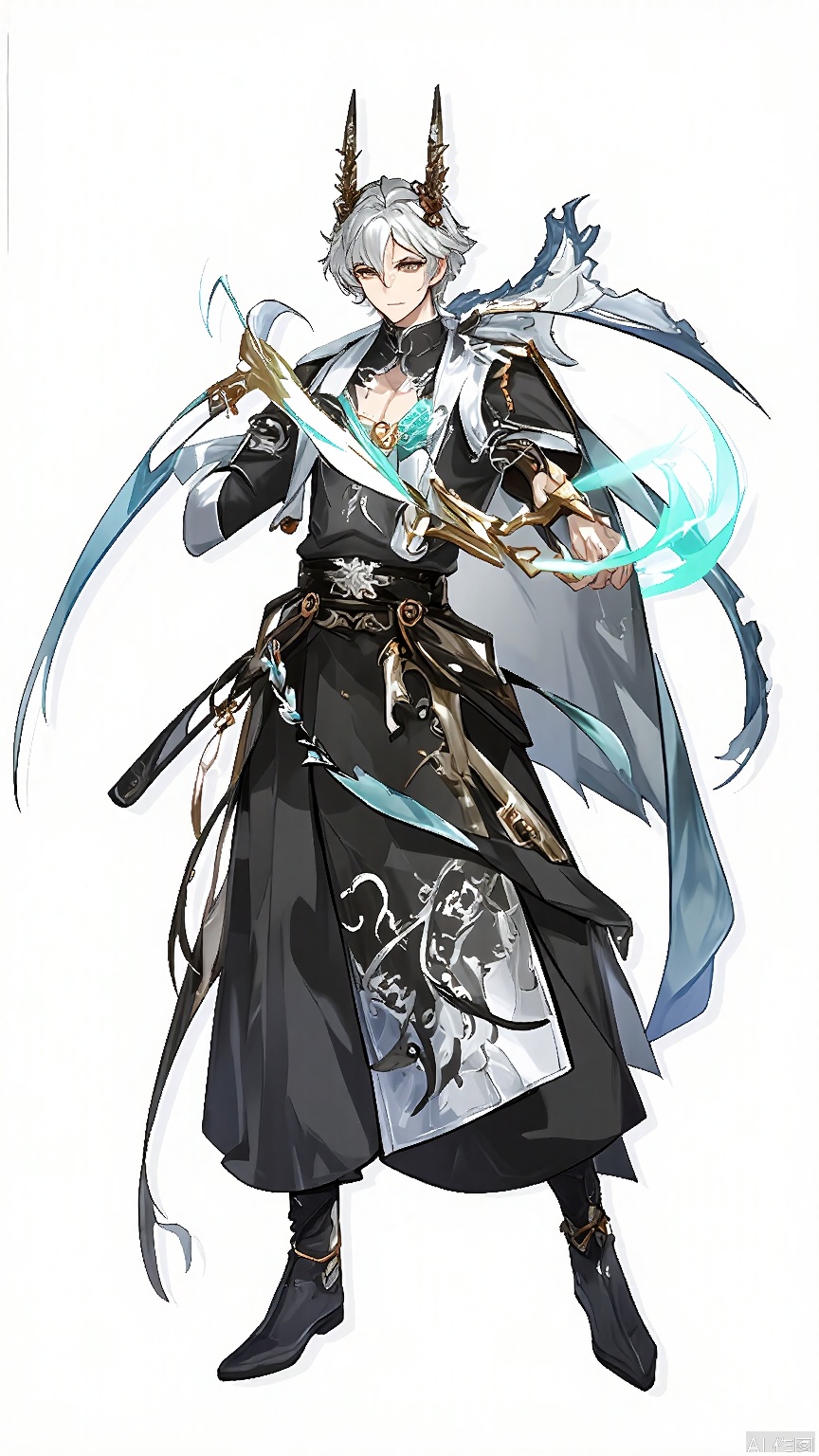 GFLH, a male character with short, spiky silver hair, dressed in a modernized version of a tangzhuang suit, featuring black and silver motifs inspired by ancient Chinese armor. He has dragon-like horns and wears a sleek, silver armband. He wields a glowing sword in one hand and stands in a confident stance, ready for battle. The white background emphasizes his sharp, warrior-like appearance.