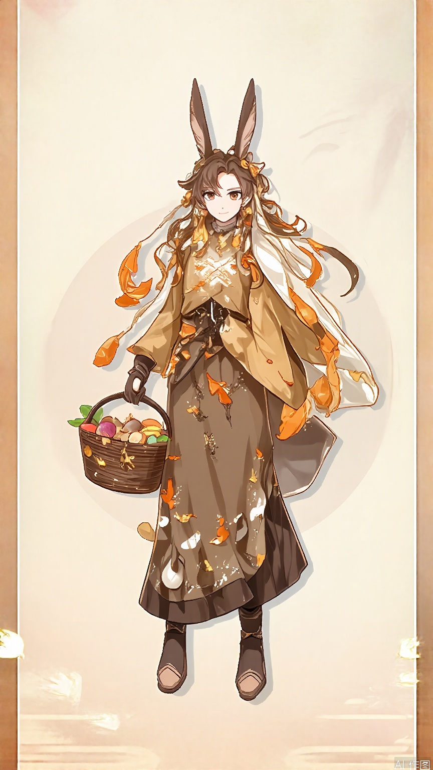 GFLH, a female character with long, curly brown hair, wearing a cozy, knitted sweater and skirt in earthy tones, adorned with autumn leaf patterns. She has squirrel ears and a warm smile, holding a basket of acorns in one hand and looking content. The simple white background accentuates her cozy, autumnal charm.
