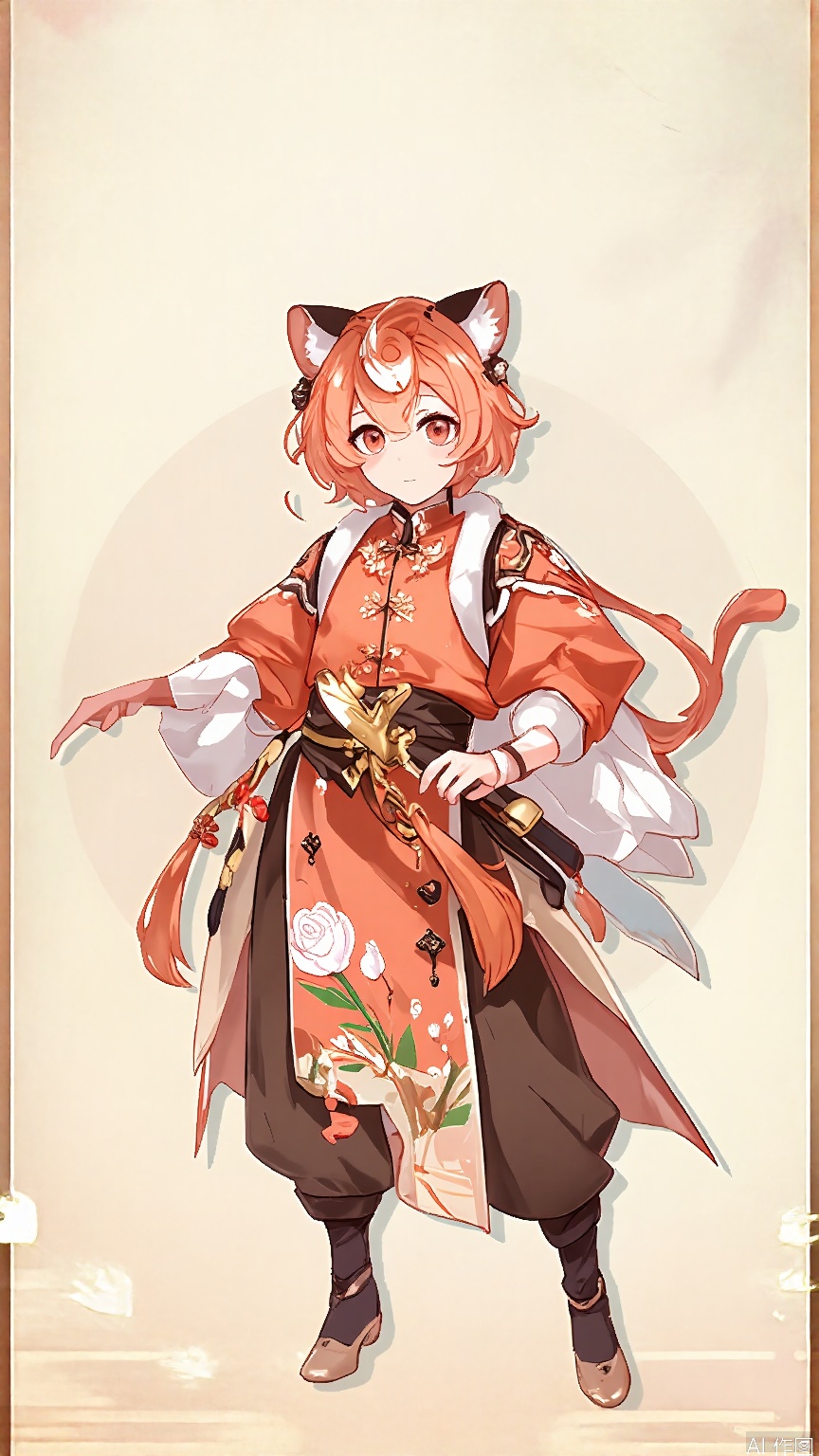 GFLH, a female character with short, curly orange hair, wearing a vibrant, modernized qipao dress in shades of coral and gold, decorated with peony flower patterns. She has tiger ears and a fierce expression, holding a pair of throwing knives in a ready stance. The simple white background contrasts with her bold, energetic personality and showcases her readiness for action.