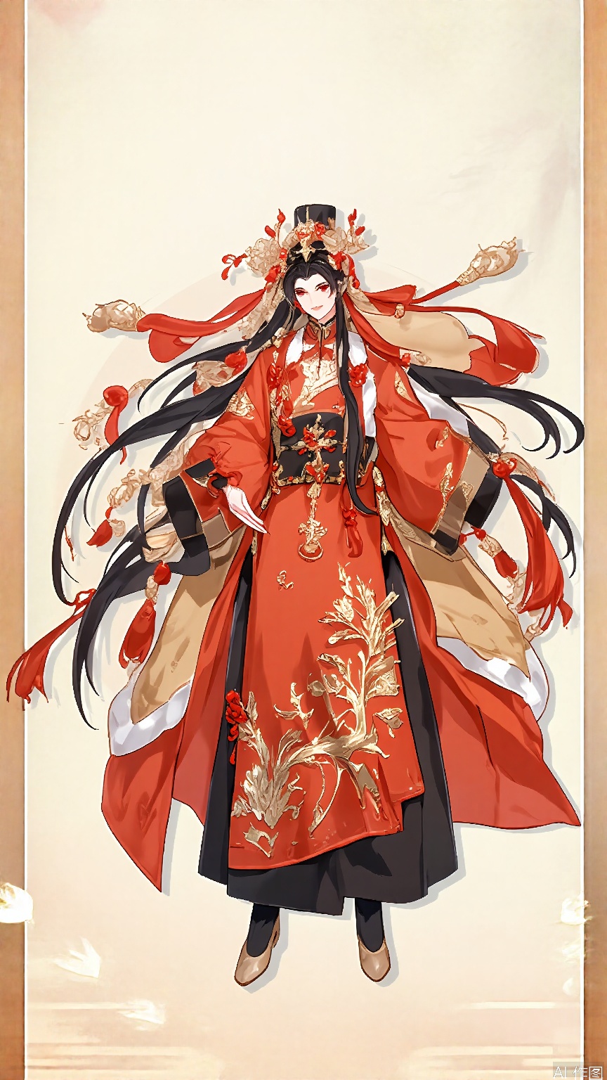 GFLH, a female character with long, straight black hair, wearing a traditional Chinese wedding dress (qun kwa) in red and gold, embroidered with intricate phoenix and peony patterns. She has a phoenix crown and a shy smile, holding a fan in one hand and looking demure. The simple white background highlights her elegant, bridal beauty.