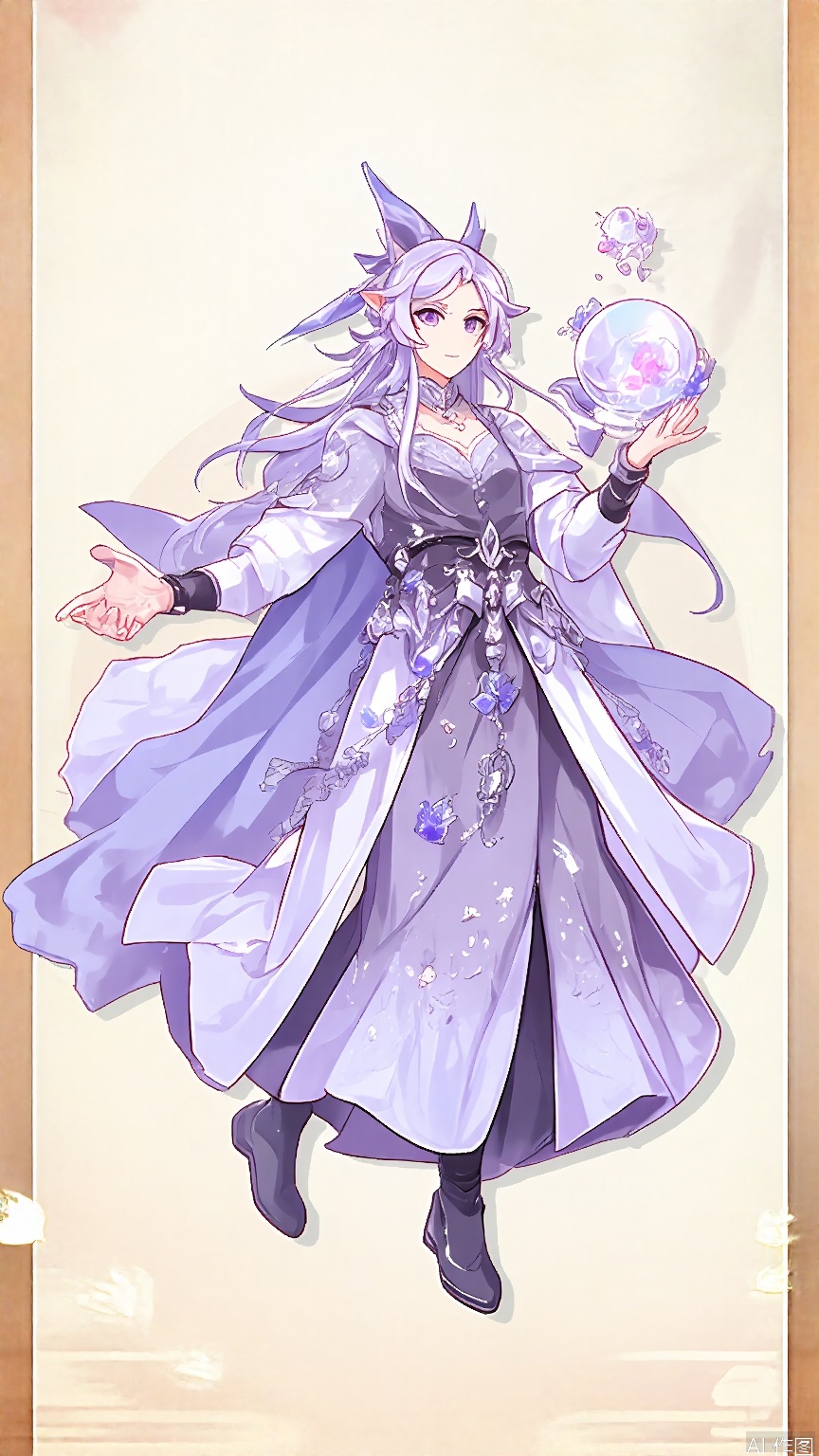 GFLH, a female character with long, flowing lavender hair, wearing an ethereal, flowing dress in shades of lavender and silver, adorned with star and moon motifs. She has owl ears and a serene expression, holding a crystal ball in one hand and gazing into it thoughtfully. The simple white background enhances her mystical, otherworldly aura.