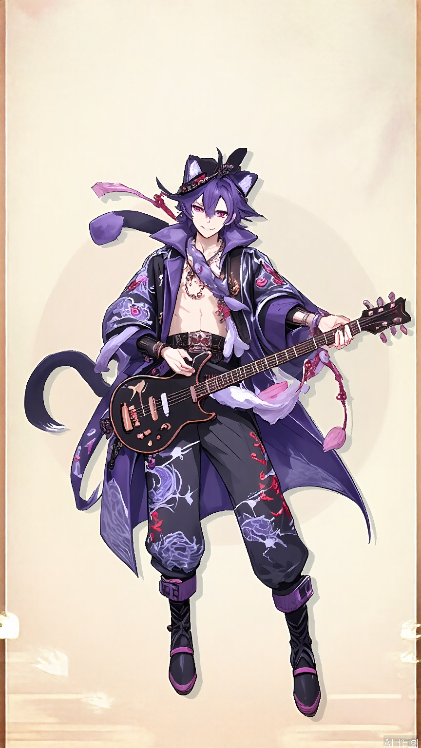 GFLH, a female character with short, spiky purple hair, wearing a punk-inspired outfit with traditional Chinese elements, such as a dragon-patterned jacket and matching pants. She has cat ears and a rebellious grin, holding an electric guitar in one hand and rocking out. The simple white background contrasts with her bold, energetic style.