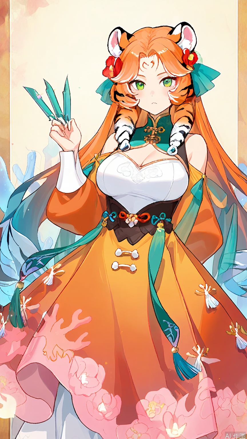GFLH, a female character with short, curly orange hair, wearing a vibrant, modernized qipao dress in shades of coral and gold, decorated with peony flower patterns. She has tiger ears and a fierce expression, holding a pair of throwing knives in a ready stance. The simple white background contrasts with her bold, energetic personality and showcases her readiness for action.