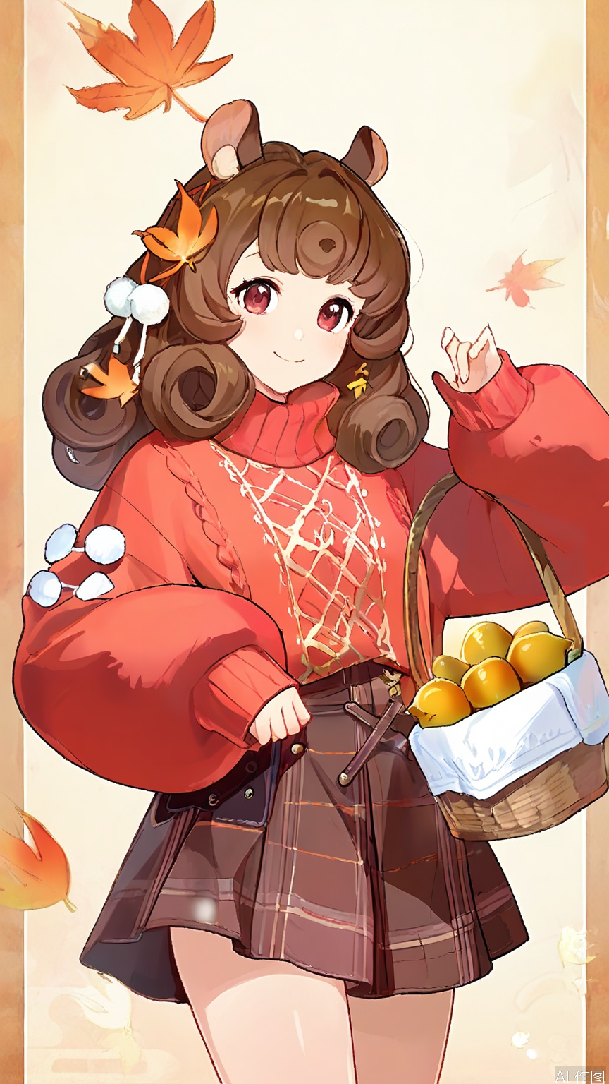 GFLH, a female character with long, curly brown hair, wearing a cozy, knitted sweater and skirt in earthy tones, adorned with autumn leaf patterns. She has squirrel ears and a warm smile, holding a basket of acorns in one hand and looking content. The simple white background accentuates her cozy, autumnal charm.