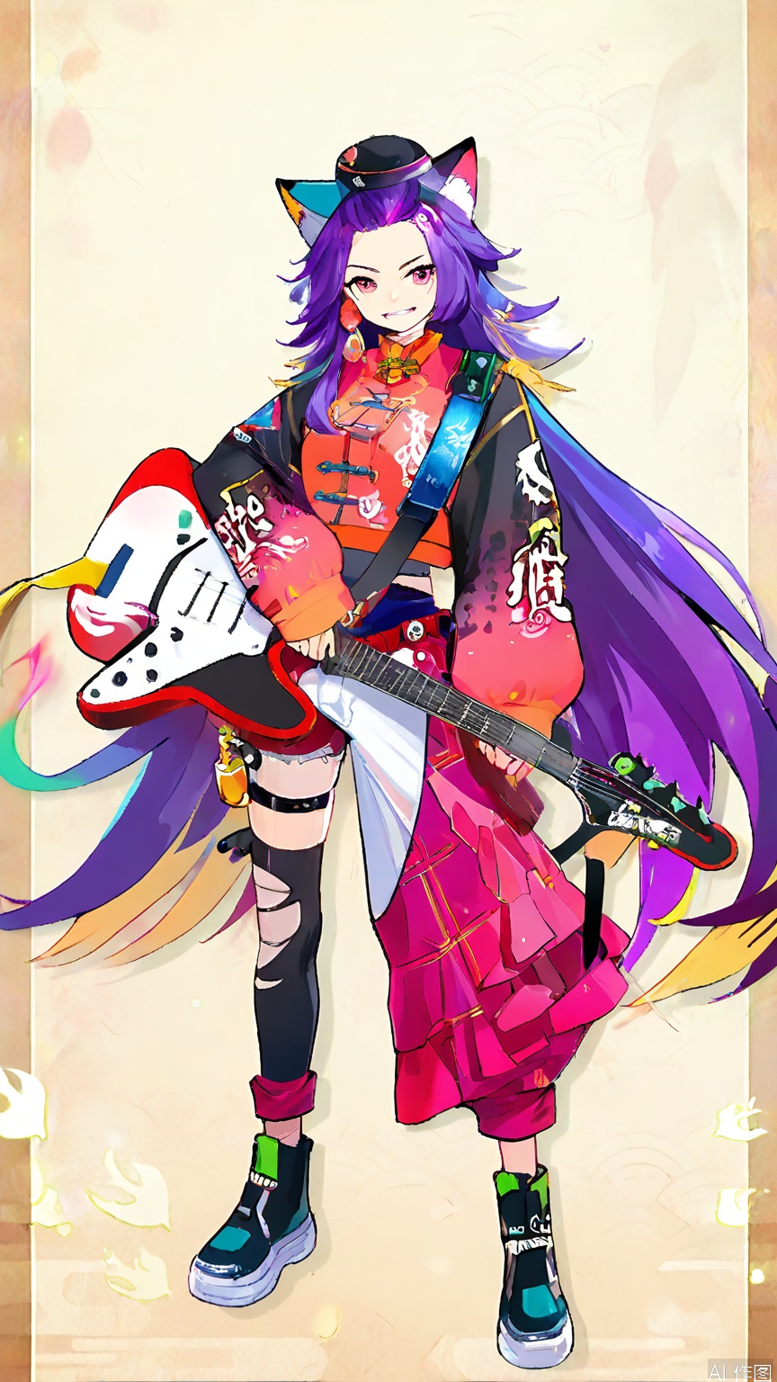 GFLH, a female character with short, spiky purple hair, wearing a punk-inspired outfit with traditional Chinese elements, such as a dragon-patterned jacket and matching pants. She has cat ears and a rebellious grin, holding an electric guitar in one hand and rocking out. The simple white background contrasts with her bold, energetic style.