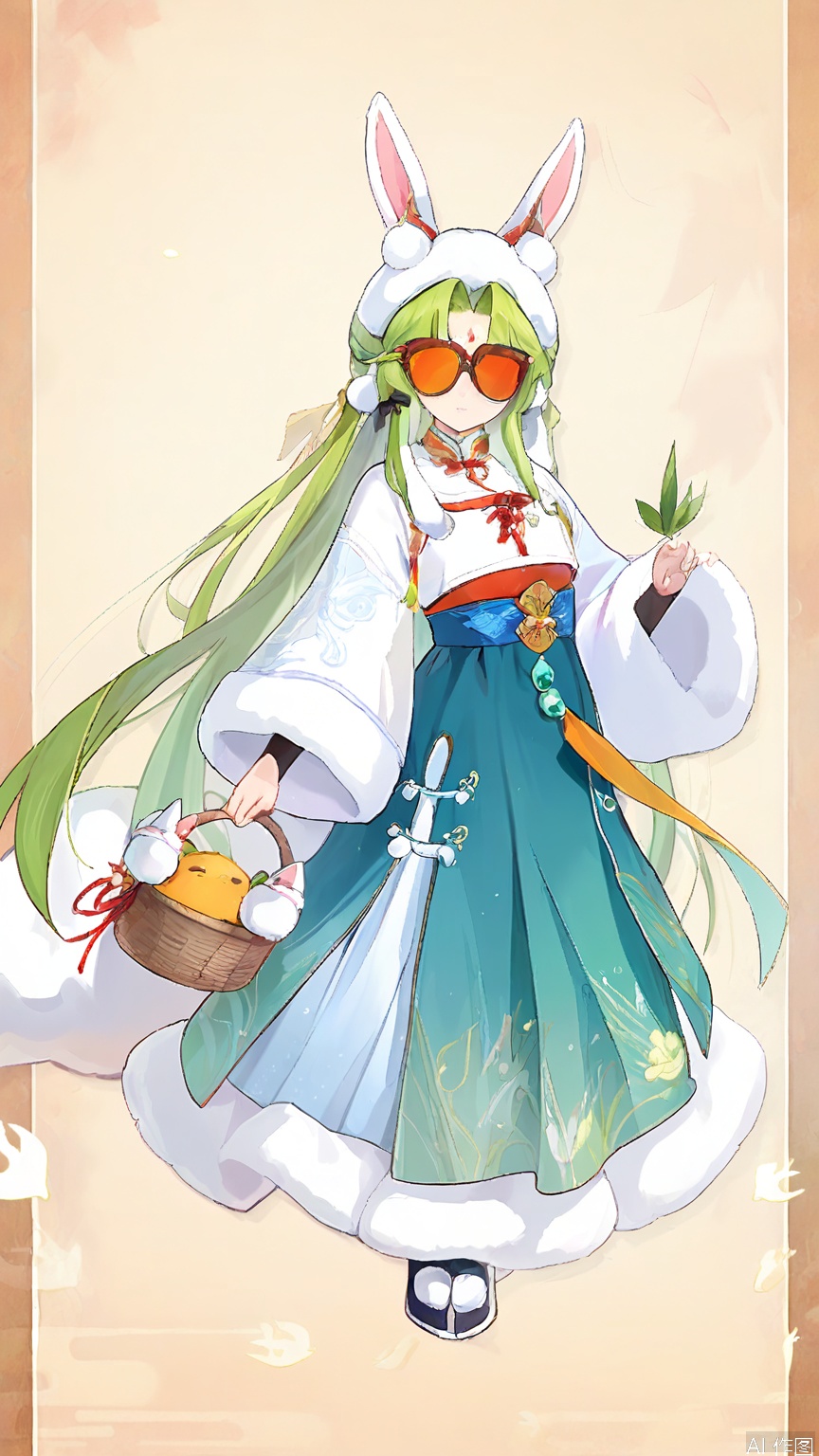 GFLH, a female character with long, wavy green hair, wearing a flowing hanfu dress in shades of green and yellow, adorned with bamboo leaf patterns. She has rabbit ears and a small, fluffy tail. She holds a basket of flowers in one hand and smiles gently, exuding a sense of innocence and purity. The simple white background enhances her natural, earthy beauty.