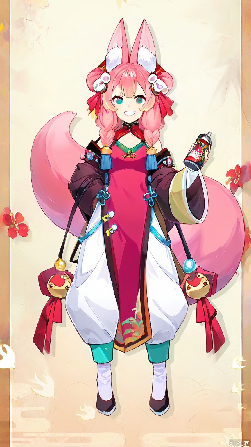 GFLH, a female character with short, bobbed pink hair, wearing a modern, street-style outfit inspired by traditional Chinese clothing, featuring bold patterns and vibrant colors. She has fox ears and a mischievous grin, holding a spray can of graffiti in one hand and posing confidently. The simple white background contrasts with her edgy, urban style.