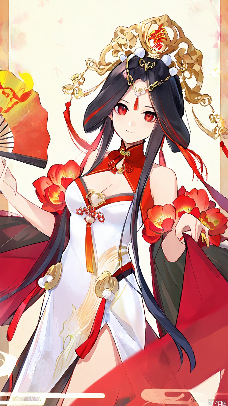GFLH, a female character with long, straight black hair, wearing a traditional Chinese wedding dress (qun kwa) in red and gold, embroidered with intricate phoenix and peony patterns. She has a phoenix crown and a shy smile, holding a fan in one hand and looking demure. The simple white background highlights her elegant, bridal beauty.