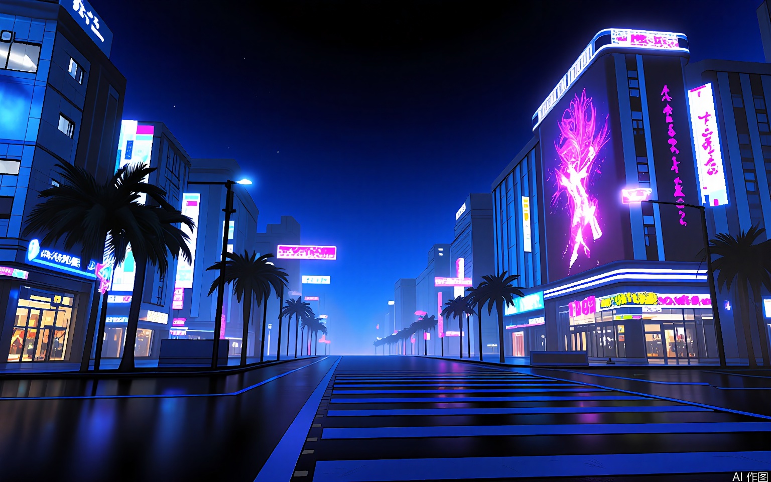 YXCJ A vibrant, neon-lit cityscape at night, featuring towering skyscrapers with various advertisements and billboards. The scene is bustling with activity, with a prominent billboard on the right displaying a dancing figure in pink and purple hues. The colors are predominantly blue, purple, and pink, with a futuristic, cyberpunk aesthetic. The street below is empty, with a few scattered cars. The sky is dark, with a few stars visible. The overall atmosphere is dynamic and energetic, with a sense of movement and excitement. The image is a digital artwork, possibly inspired by anime or video game art styles.