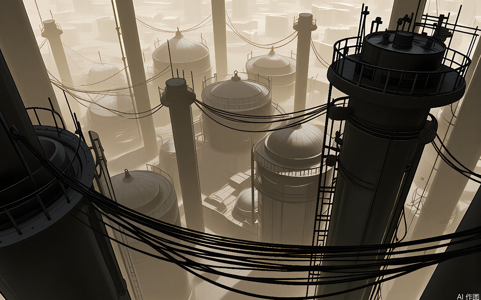 YXCJ A futuristic, industrial scene with a high vantage point, featuring a sprawling complex of interconnected pipes, tanks, and machinery. The color palette is dominated by muted browns and grays, with a soft, diffused light casting long shadows. The foreground is cluttered with cables and metal structures, leading the eye towards the center where larger, more complex equipment is visible. The background reveals a distant cityscape with dome-like structures and a hazy atmosphere. The overall aesthetic is gritty and dystopian, with a sense of scale and complexity. The image is a high-quality digital illustration with a photorealistic style.