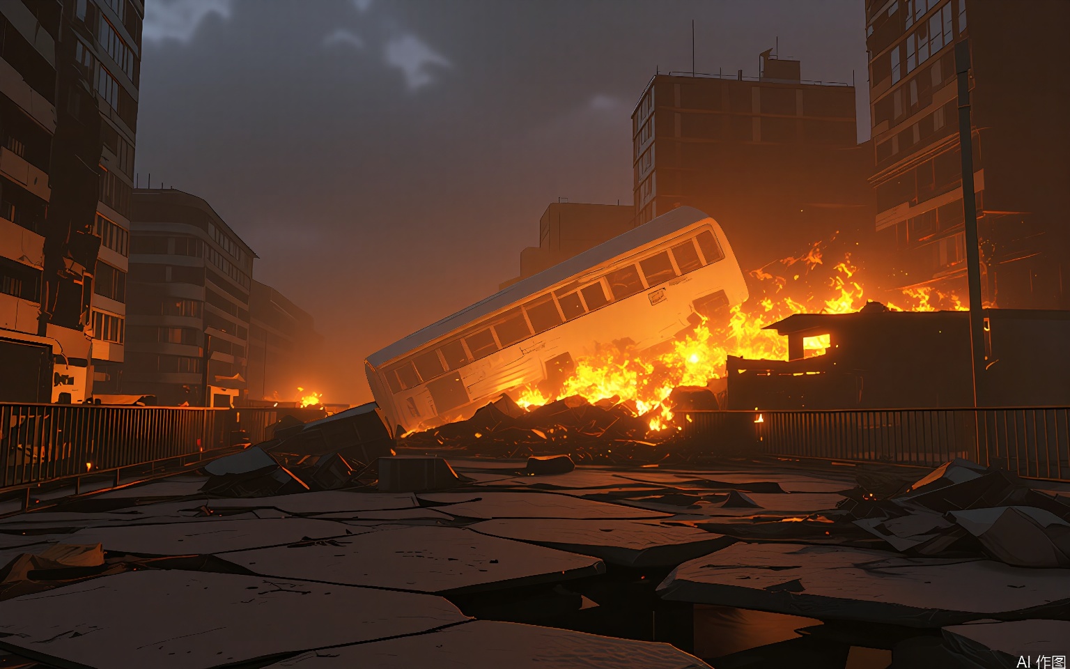 YXCJ Photograph of a cityscape during a massive fire, taken at night with dramatic lighting. Tall buildings engulfed in flames, smoke billowing into the dark sky. A large, overturned bus in the foreground, with debris scattered around it. The street is cracked and damaged, with barricades and construction materials strewn about. The scene is chaotic and intense, with the fire casting an orange glow on the surrounding buildings. The mood is dire and apocalyptic.