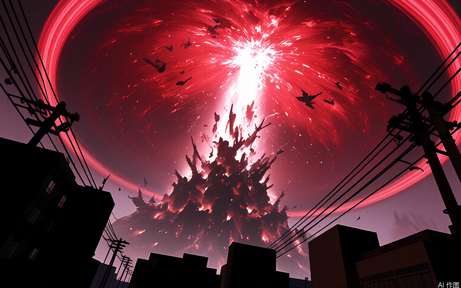 YXCJ A surreal, vibrant digital artwork featuring a chaotic urban landscape at night. The sky is ablaze with a fiery red and pink explosion, creating a dynamic sense of motion. The foreground is filled with silhouetted buildings, streetlights, and utility poles, adding to the sense of a city in disarray. The explosion's center glows intensely, casting an eerie light on the surrounding structures. The overall color palette is dominated by reds and pinks, with dark shadows and silhouettes adding depth. The image has a high-energy, dystopian feel, reminiscent of a post-apocalyptic scene.