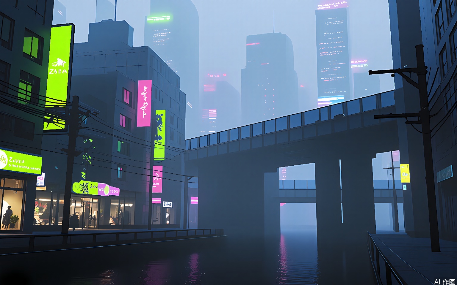 YXCJ A digital illustration of a futuristic cityscape at night, with neon lights and billboards illuminating the scene. The background features tall skyscrapers and a bridge spanning a waterway. The foreground shows a street with various signs and advertisements, including a prominent "Zara" store. The atmosphere is misty, with a foggy haze adding depth. The color palette is dominated by cool blues and vibrant neon pinks and greens. The style is reminiscent of cyberpunk art, with a focus on urban decay and advanced technology.