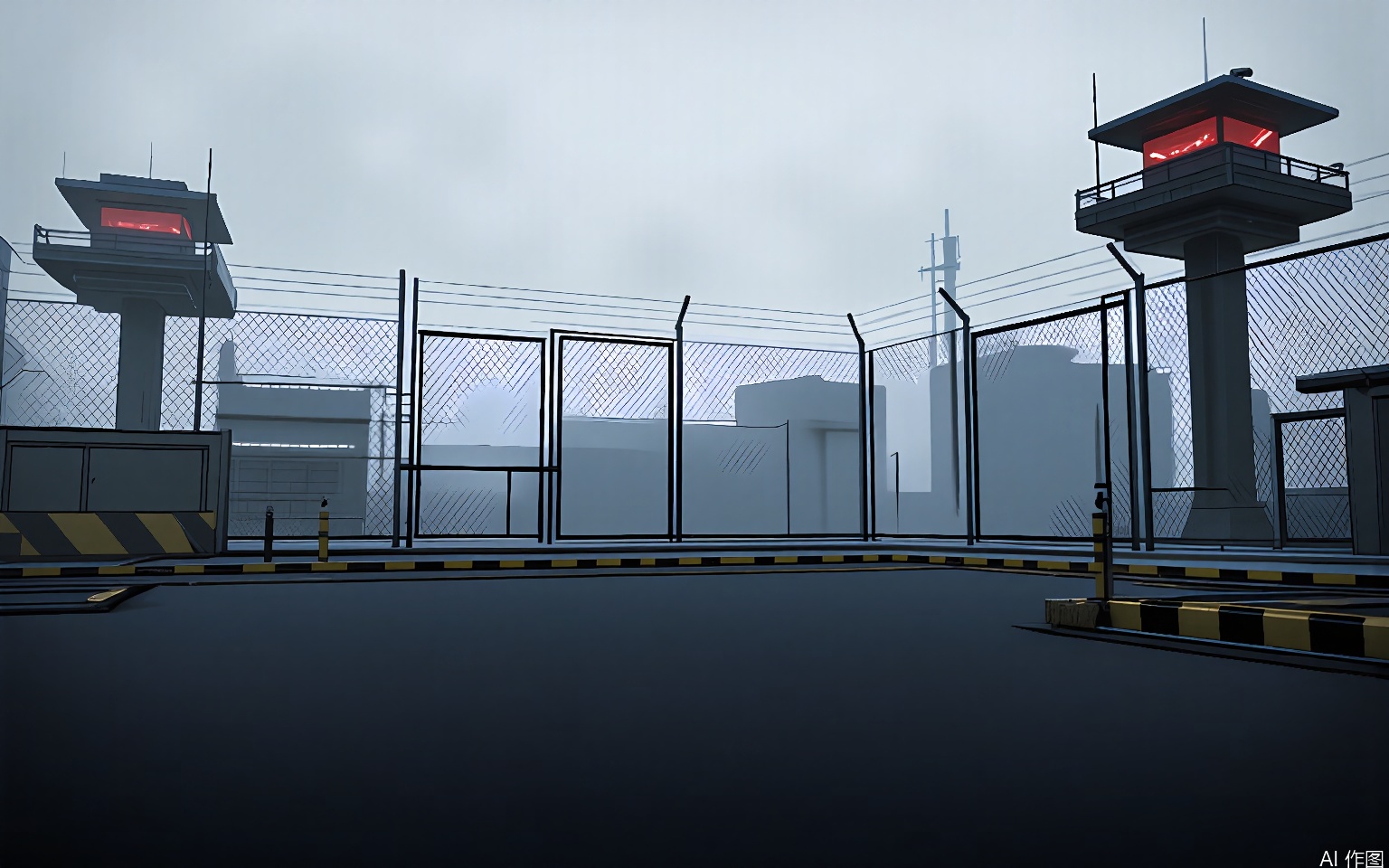 YXCJ Photograph of a desolate, foggy industrial area with a chain-link fence in the foreground, topped with barbed wire. The fence is partially open, revealing a dimly lit, overcast sky. In the background, there are multiple surveillance towers with red lights and antennas. The ground is covered in gravel, and the overall color palette is muted and grey. The atmosphere is eerie and tense, suggesting a restricted or abandoned area. The image has a high level of detail and realism.
