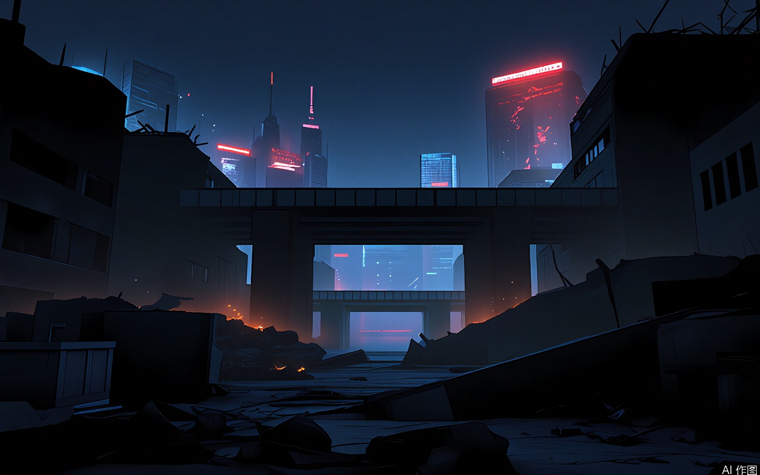 YXCJ A dark, atmospheric digital painting of a dystopian cityscape at night, with a large bridge in the foreground. The background features tall, illuminated skyscrapers with a dark, smoky sky. The city is in disrepair, with broken buildings and debris scattered throughout. The lighting is moody, with red and blue neon lights creating a stark contrast. The scene is tense and desolate, with a sense of abandonment. The style is reminiscent of cyberpunk and dystopian art.