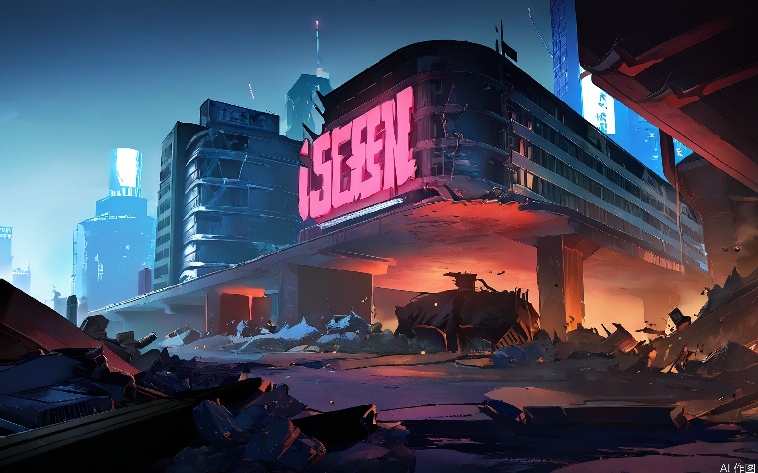 YXCJ A dark, atmospheric digital painting of a dystopian cityscape at night, with a large bridge in the foreground. The background features tall, illuminated skyscrapers with a dark, smoky sky. The city is in disrepair, with broken buildings and debris scattered throughout. The lighting is moody, with red and blue neon lights creating a stark contrast. The scene is tense and desolate, with a sense of abandonment. The style is reminiscent of cyberpunk and dystopian art