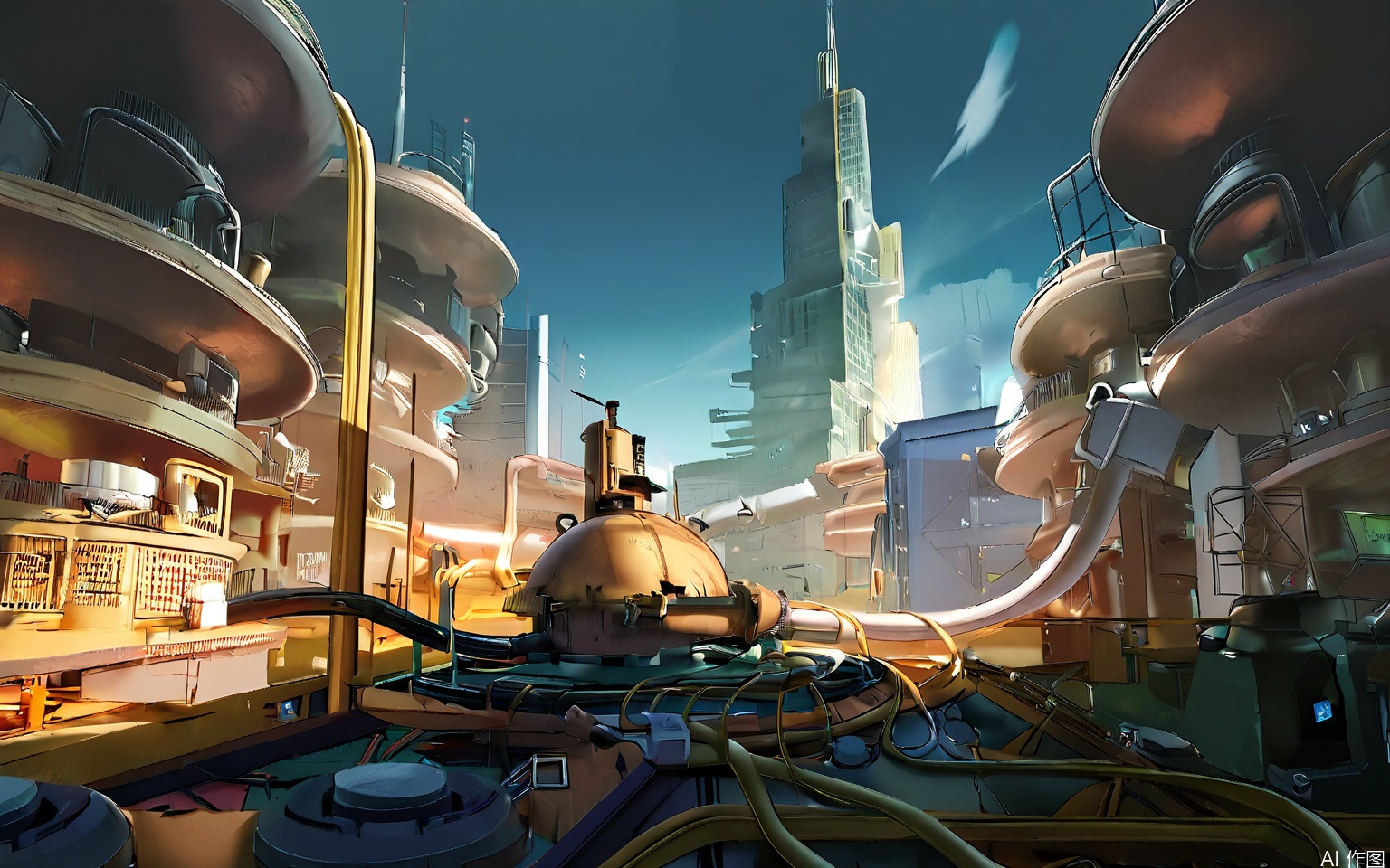 YXCJ A futuristic, industrial scene with a high vantage point, featuring a sprawling complex of interconnected pipes, tanks, and machinery. The color palette is dominated by muted browns and grays, with a soft, diffused light casting long shadows. The foreground is cluttered with cables and metal structures, leading the eye towards the center where larger, more complex equipment is visible. The background reveals a distant cityscape with dome-like structures and a hazy atmosphere. The overall aesthetic is gritty and dystopian, with a sense of scale and complexity. The image is a high-quality digital illustration with a photorealistic style.