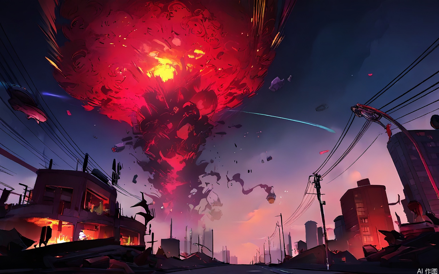 YXCJ A surreal, vibrant digital artwork featuring a chaotic urban landscape at night. The sky is ablaze with a fiery red and pink explosion, creating a dynamic sense of motion. The foreground is filled with silhouetted buildings, streetlights, and utility poles, adding to the sense of a city in disarray. The explosion's center glows intensely, casting an eerie light on the surrounding structures. The overall color palette is dominated by reds and pinks, with dark shadows and silhouettes adding depth. The image has a high-energy, dystopian feel, reminiscent of a post-apocalyptic scene.