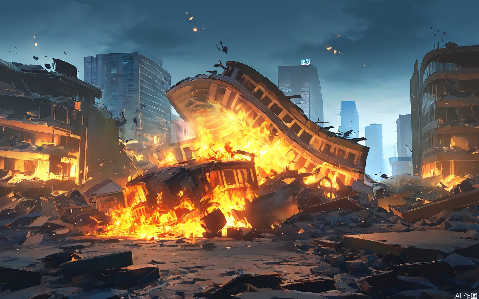 YXCJ Photograph of a cityscape during a massive fire, taken at night with dramatic lighting. Tall buildings engulfed in flames, smoke billowing into the dark sky. A large, overturned bus in the foreground, with debris scattered around it. The street is cracked and damaged, with barricades and construction materials strewn about. The scene is chaotic and intense, with the fire casting an orange glow on the surrounding buildings. The mood is dire and apocalyptic.